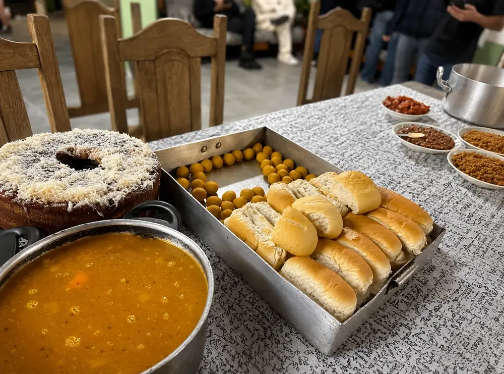 Caldo, pães e petiscos servidos numa festa