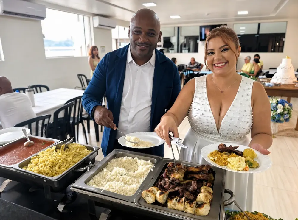 Os noivos Paloma e Felipe se servindo no buffet